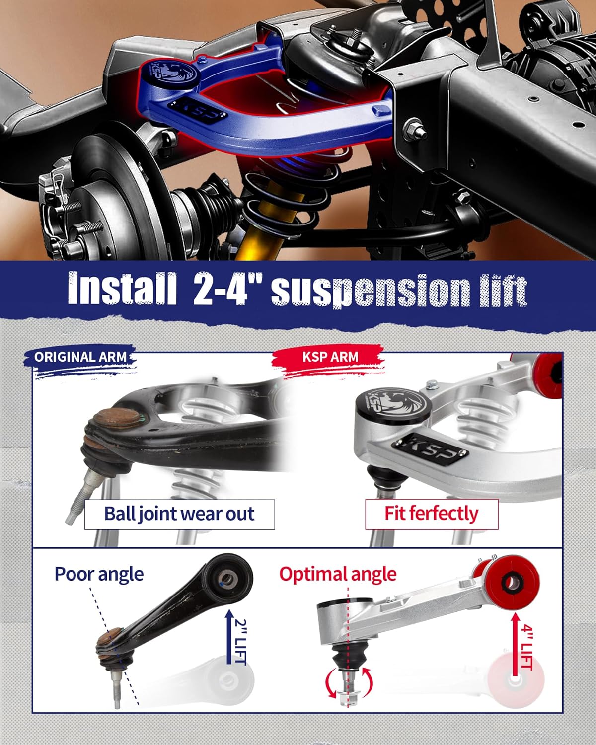 KSP Forged Aluminum Front Upper Control Arms For 2004-2023 Toyota Tacoma 2"-4" Lifted One-piece Aftermarket Suspension Lift Kits